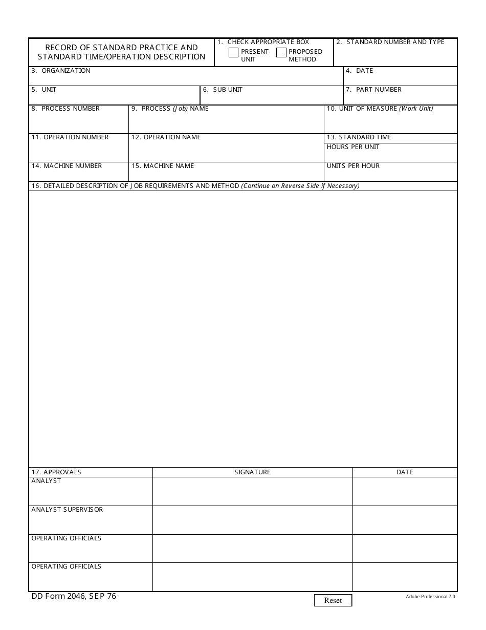 DD Form 2046 Record of Standard Practice and Standard Time / Operation Description, Page 1