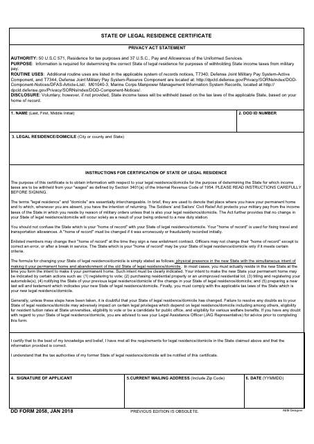 DD Form 2058 State of Legal Residence Certificate