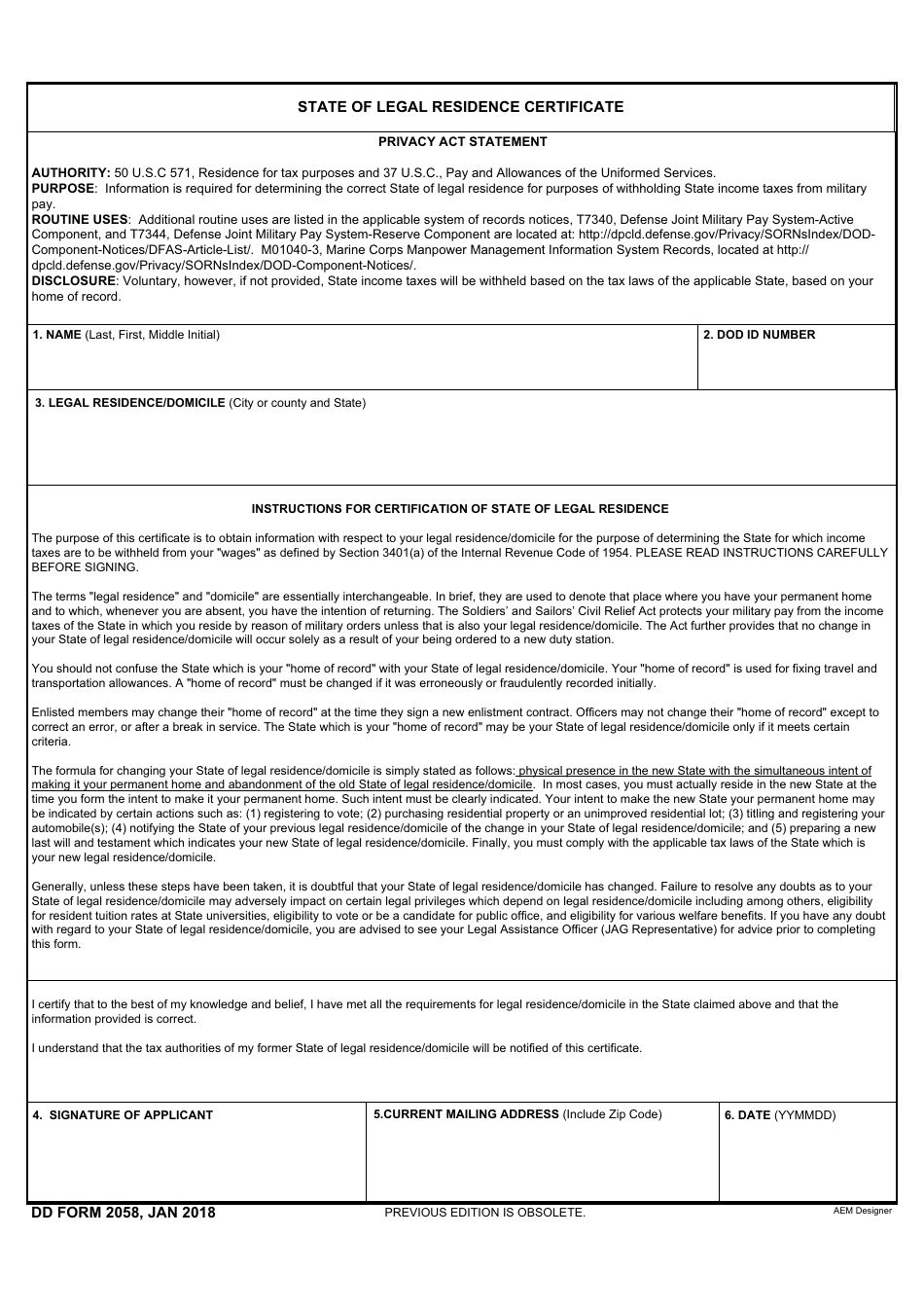 DD Form 2058 State of Legal Residence Certificate, Page 1
