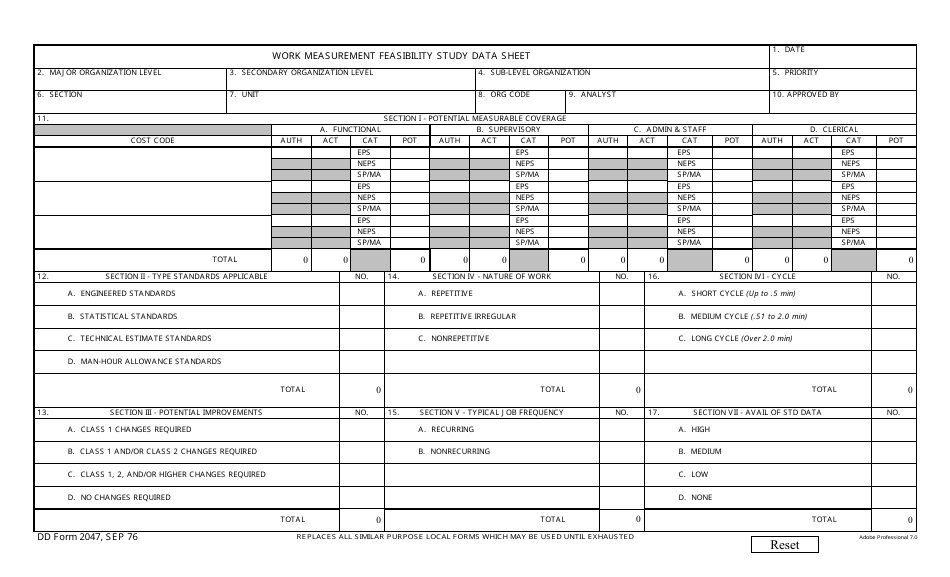 DD Form 2047 Work Measurement Feasibility Study Data Sheet, Page 1