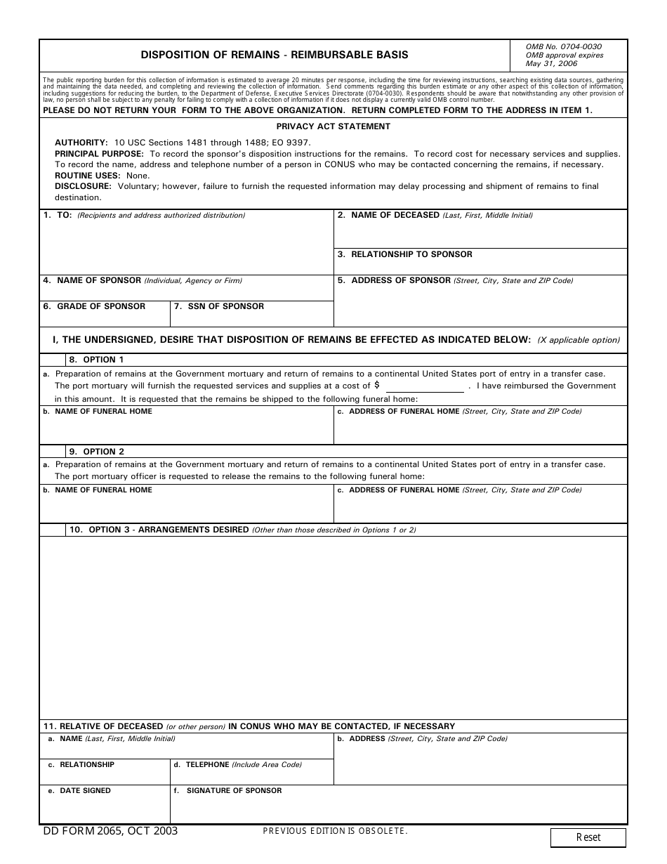 DD Form 2065 Disposition of Remains - Reimbursable Basis, Page 1