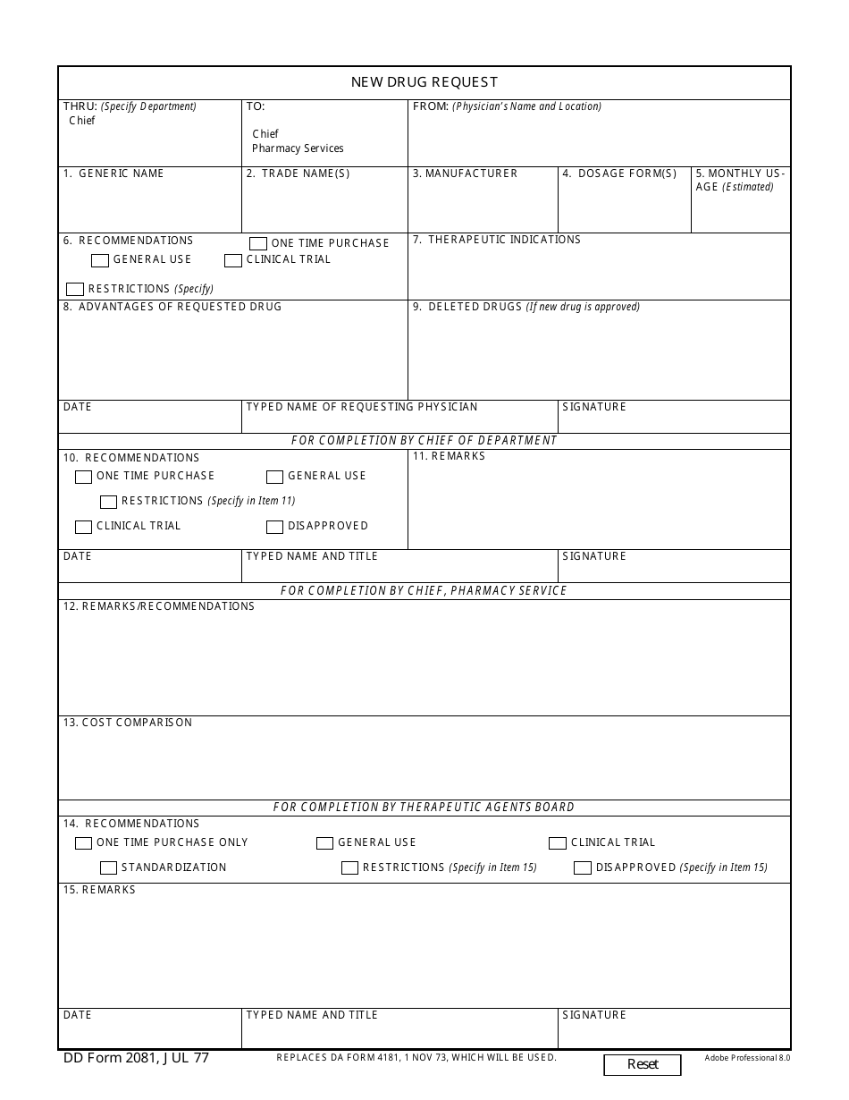 DD Form 2081 New Drug Request, Page 1