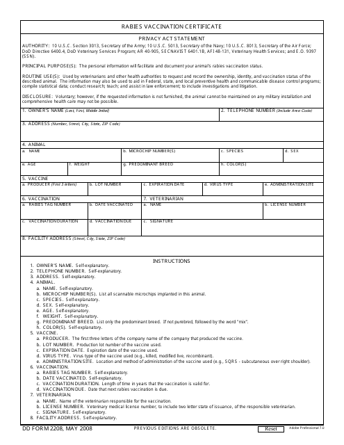 DD Form 2208 Rabies Vaccination Certificate