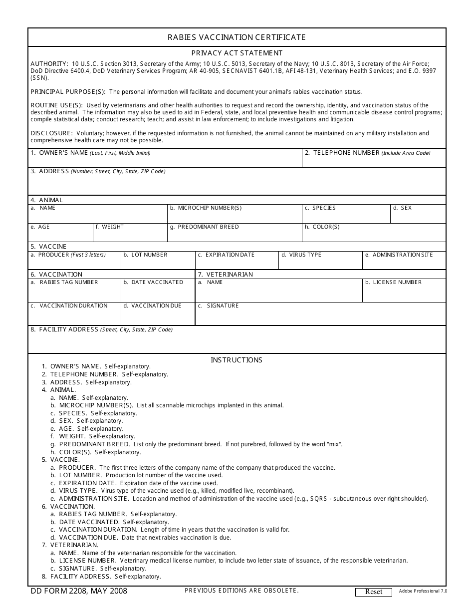 DD Form 2208 Rabies Vaccination Certificate, Page 1