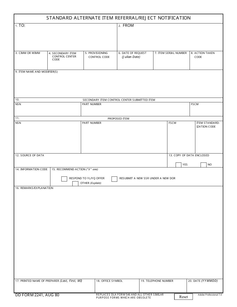 DD Form 2241 Standard Alternate Item Referral / Reject Notification, Page 1
