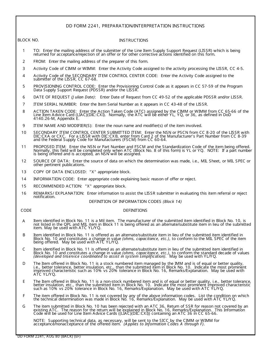 DD Form 2241 Standard Alternate Item Referral / Reject Notification, Page 2