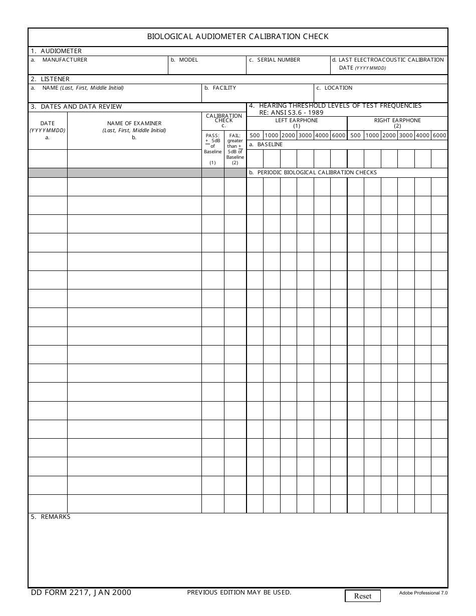 DD Form 2217 Biological Audiometer Calibration Check, Page 1