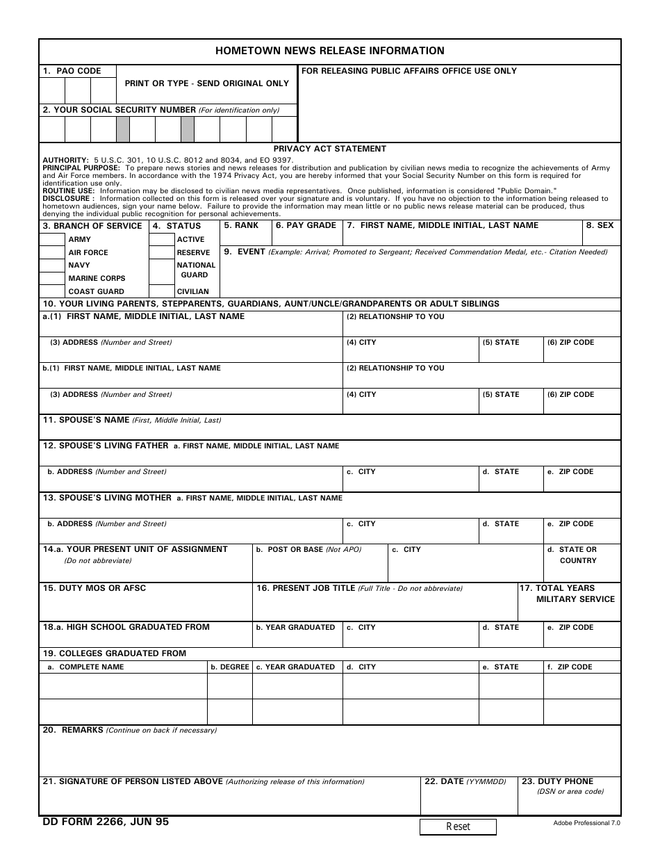 DD Form 2266 Hometown News Release Information, Page 1