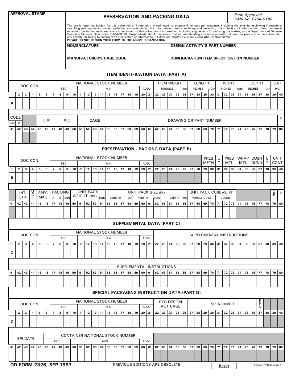 DD Form 2326 Preservation and Packing Data, Page 1