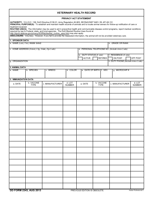 DD Form 2343 Veterinary Health Record