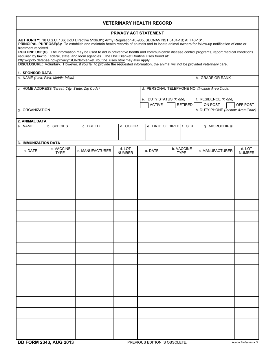 DD Form 2343 Veterinary Health Record, Page 1
