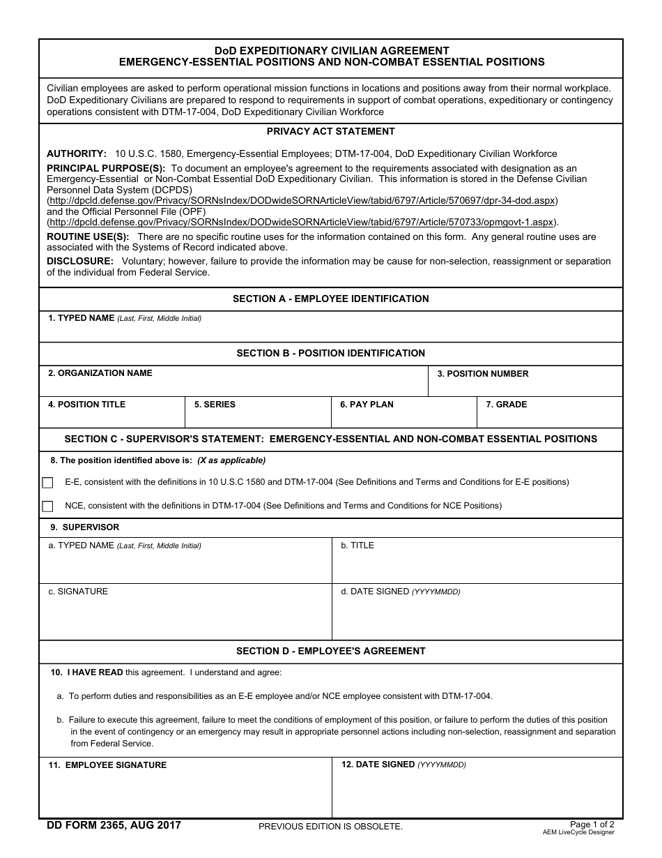 DD Form 2365 DoD Expeditionary Civilian Agreement: Emergency-Essential Positions and Non-combat Essential Positions, Page 1