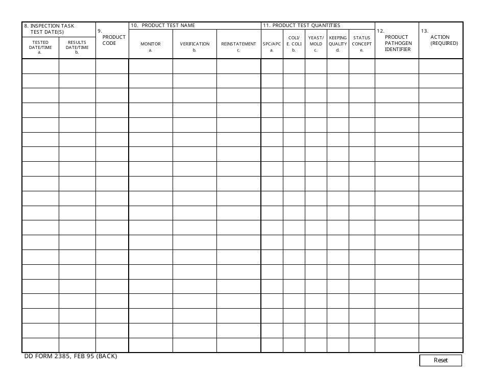 DD Form 2385 Microbiological Quality History Record, Page 2