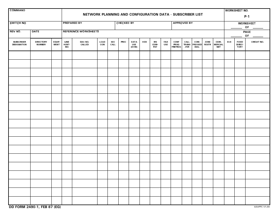 DD Form 2490-1 Network Planning and Configuration Data - Subscriber List, Page 1