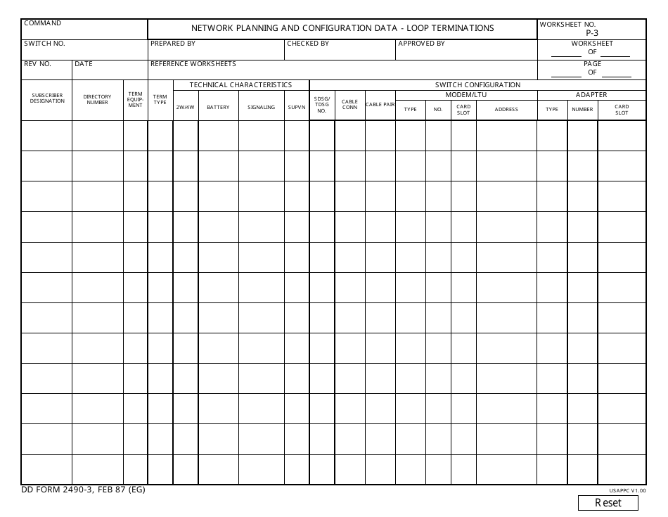 DD Form 2490-3 Network Planning and Configuration Data - Loop Terminations, Page 1