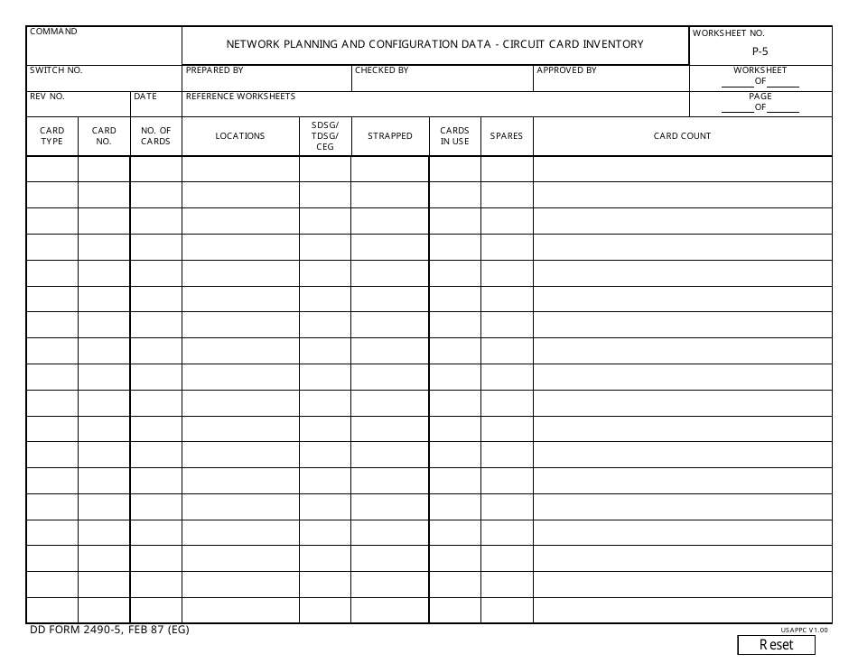 DD Form 2490-5 Network Planning and Configuration Data - Circuit Card Inventory, Page 1