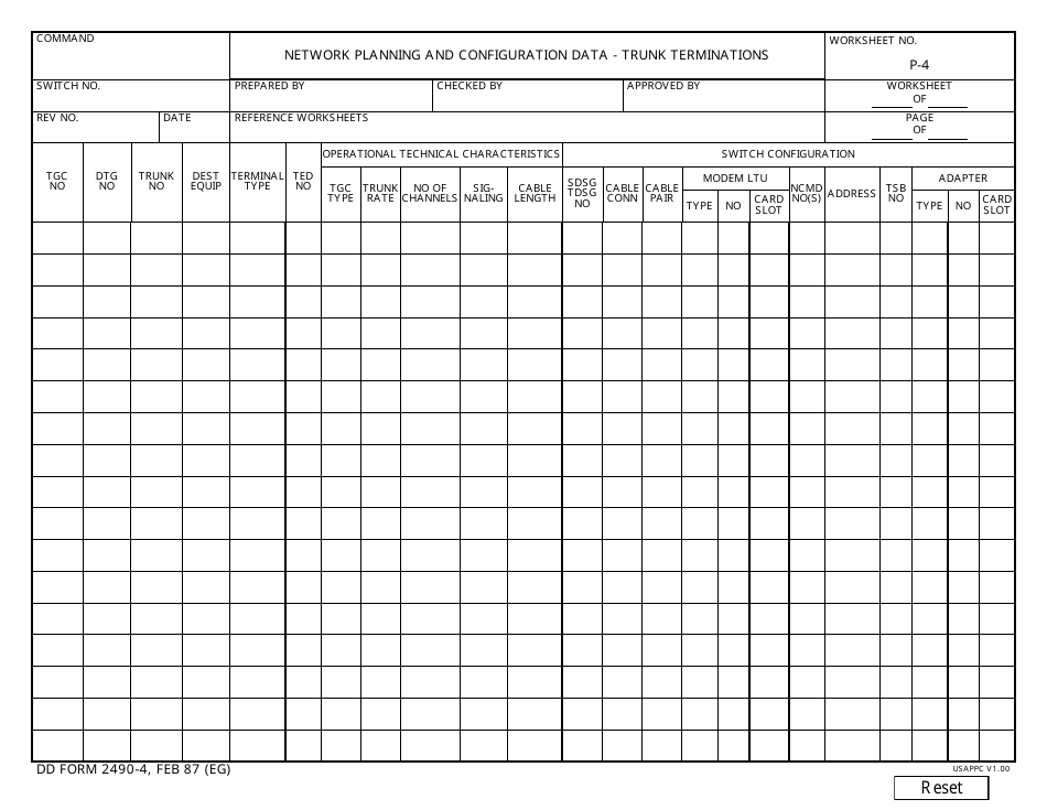 DD Form 2490-4 Network Planning and Configuration Data - Trunk Terminations, Page 1