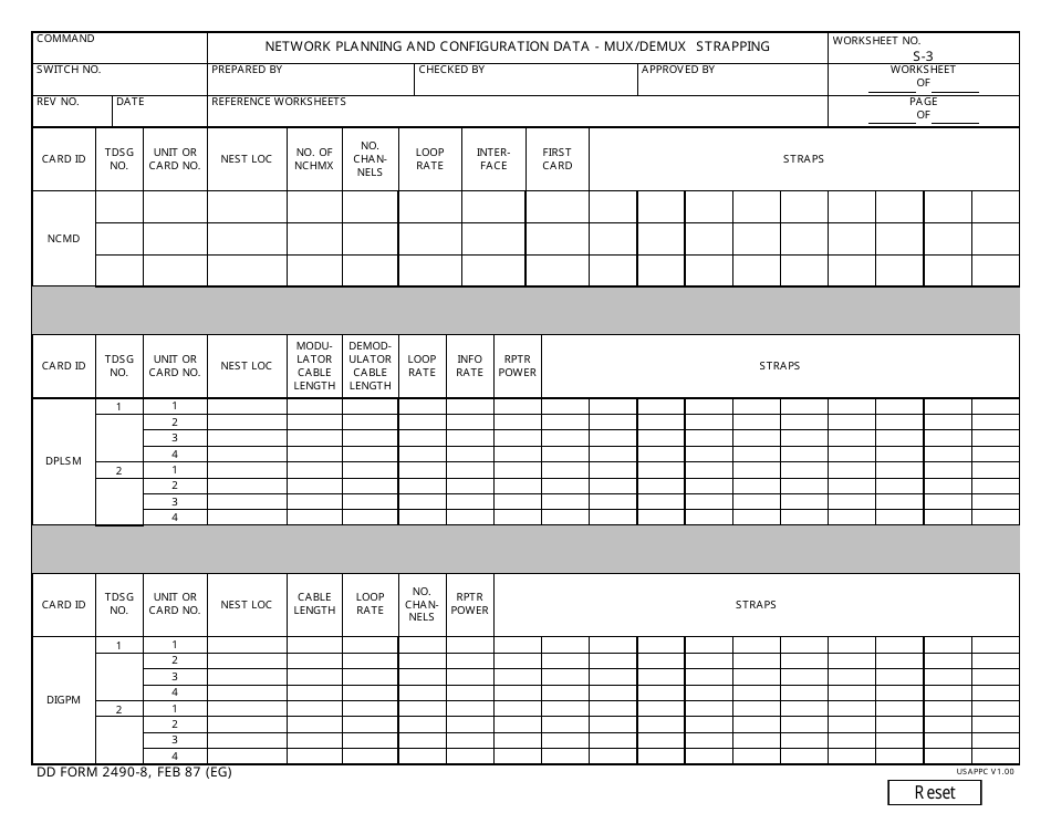 DD Form 2490-8 Network Planning and Configuration Data - Mux / Demux Strapping, Page 1