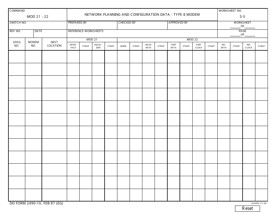 DD Form 2490-10 Network Planning and Configuration Data - Type II Modem, Page 1