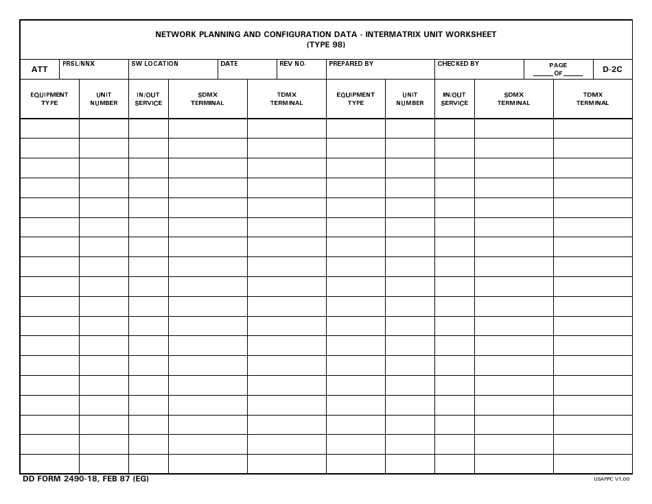 DD Form 2490-18 Network Planning and Configuration Data - Intermatrix Unit Worksheet (Type 98), Page 1