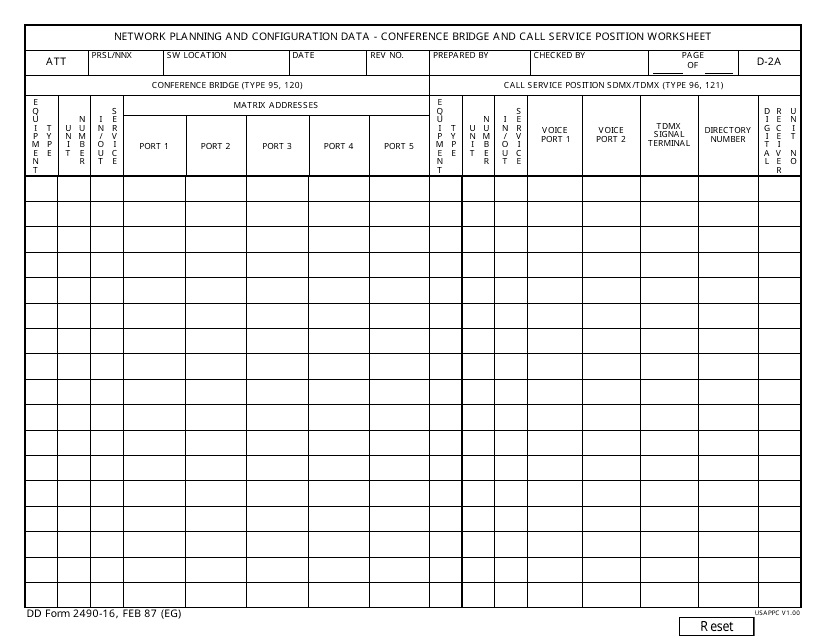 DD Form 2490-16 Network Planning and Configuration Data - Conference Bridge and Call Service Position Worksheet