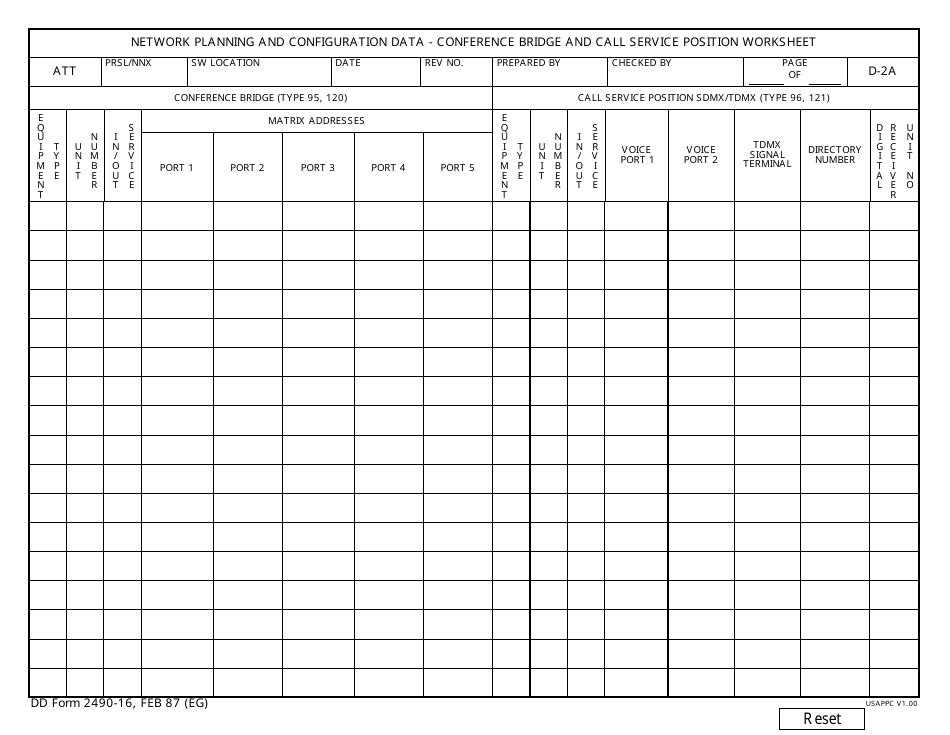 DD Form 2490-16 Network Planning and Configuration Data - Conference Bridge and Call Service Position Worksheet, Page 1
