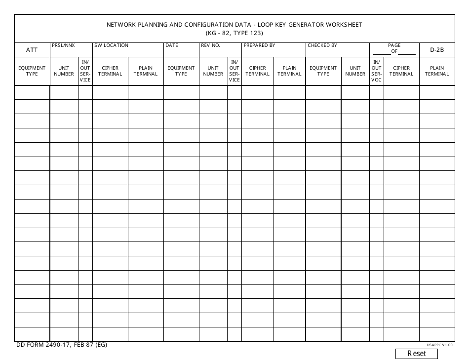 DD Form 2490-17 Network Planning and Configuration Data - Loop Key Generator Worksheet, Page 1