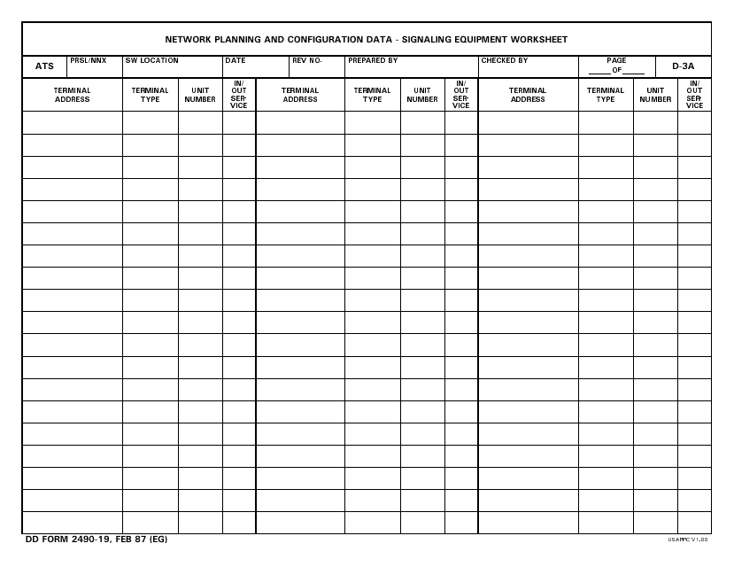 DD Form 2490-19 Network Planning and Configuration Data - Signaling Equipment Worksheet
