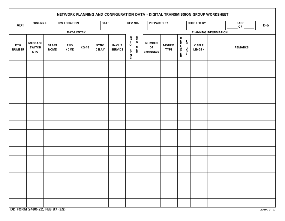 DD Form 2490-22 Network Planning and Configuration Data - Digital Transmission Group Worksheet, Page 1
