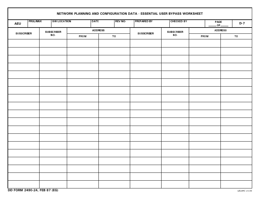 DD Form 2490-24 Network Planning and Configuration Data - Essential User Bypass Worksheet