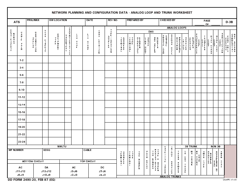 DD Form 2490-20 Network Planning and Configuration Data - Analog Loop and Trunk Worksheet