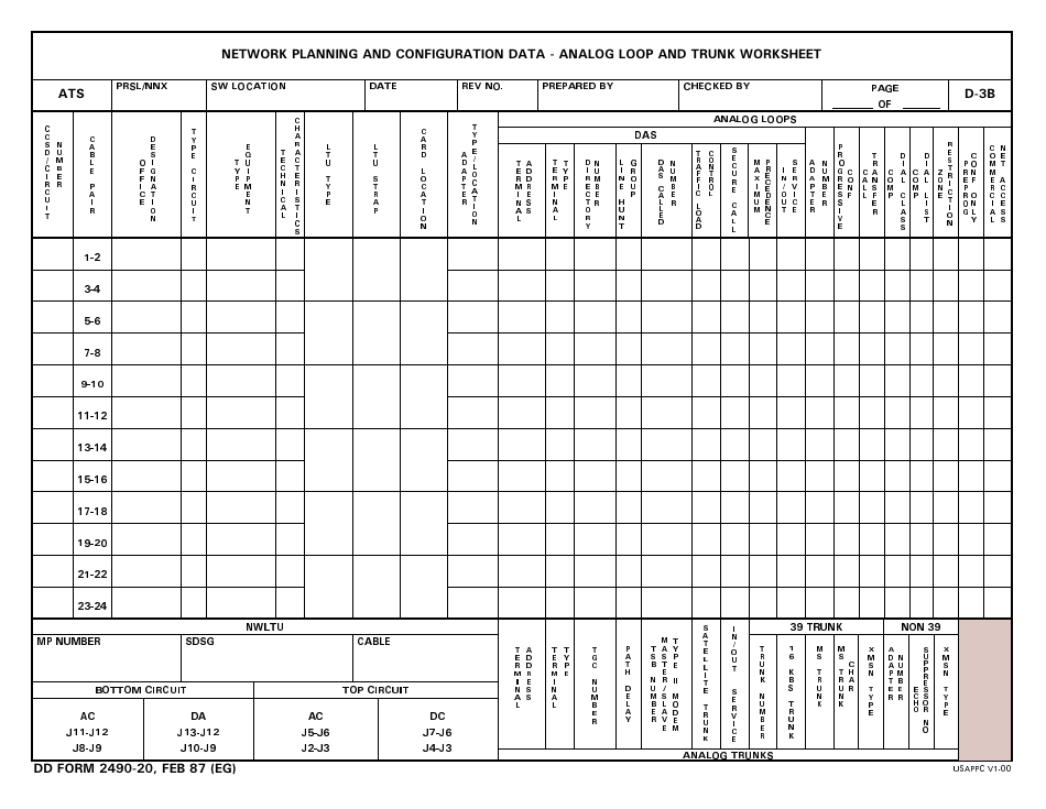 DD Form 2490-20 Network Planning and Configuration Data - Analog Loop and Trunk Worksheet, Page 1
