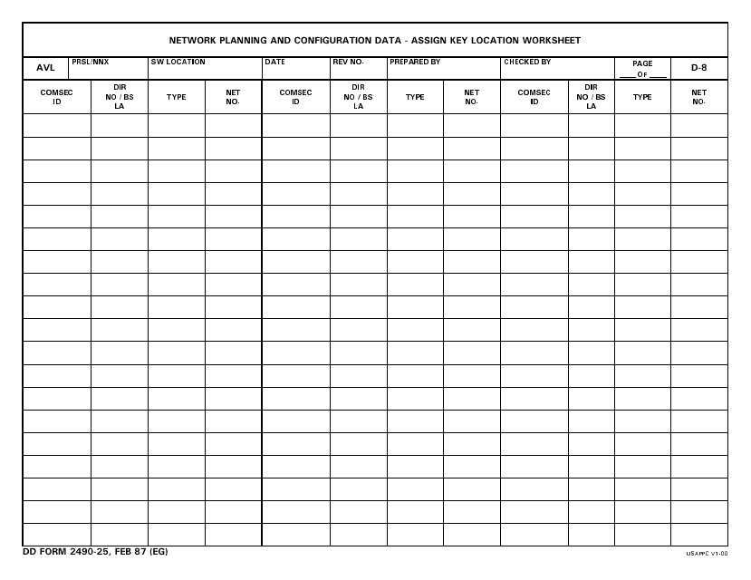 DD Form 2490-25 Network Planning and Configuration Data - Assign Key Location Worksheet