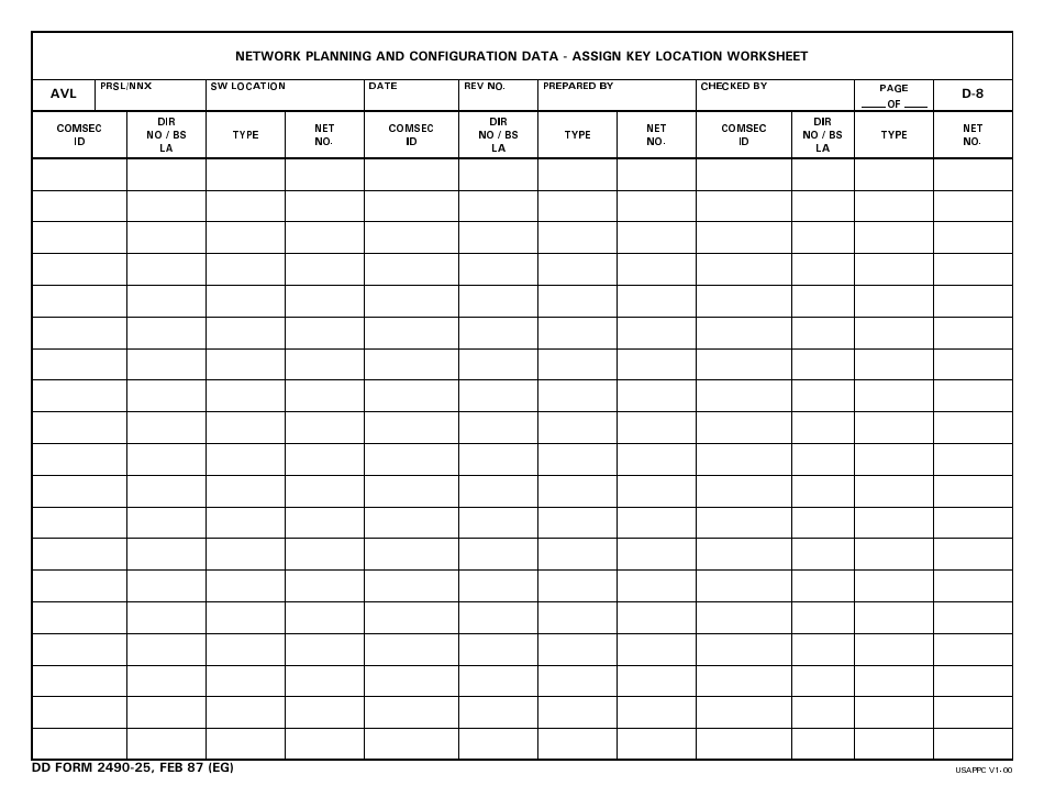 DD Form 2490-25 Network Planning and Configuration Data - Assign Key Location Worksheet, Page 1