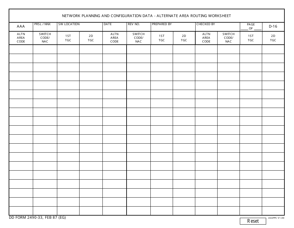 DD Form 2490-33 Network Planning and Configuration Data - Alternate Area Routing Worksheet, Page 1