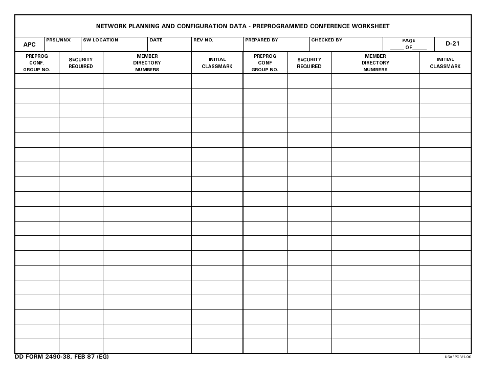 DD Form 2490-38 Network Planning and Configuration Data - Preprogrammed Conference Worksheet, Page 1