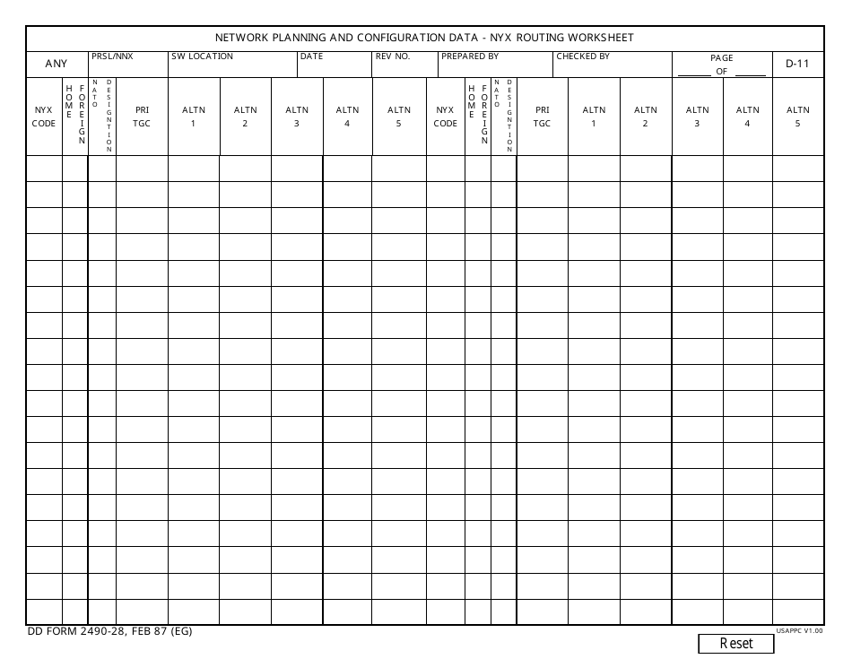 DD Form 2490-28 Network Planning and Configuration Data - Nyx Routing Worksheet, Page 1