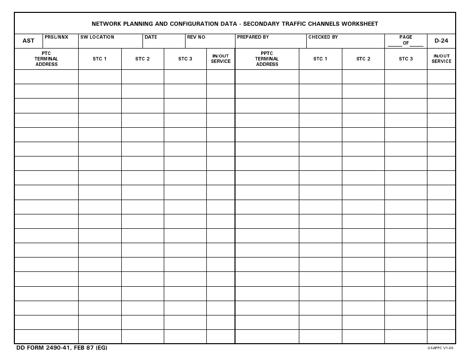 DD Form 2490-41 Network Planning and Configuration Data - Secondary Traffic Channels Worksheet, Page 1