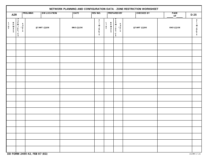 DD Form 2490-42 Network Planning and Configuration Data - Zone Restriction Worksheet