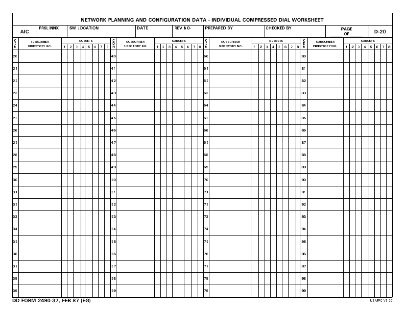 DD Form 2490-37 Network Planning and Configuration Data - Individual Compressed Dial Worksheet