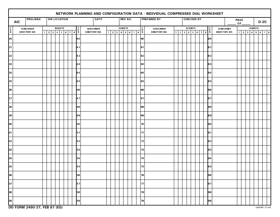 DD Form 2490-37 Network Planning and Configuration Data - Individual Compressed Dial Worksheet, Page 1