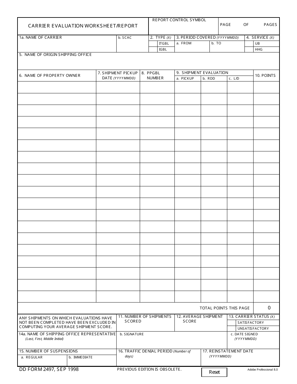 DD Form 2497 Carrier Evaluation Worksheet / Report, Page 1