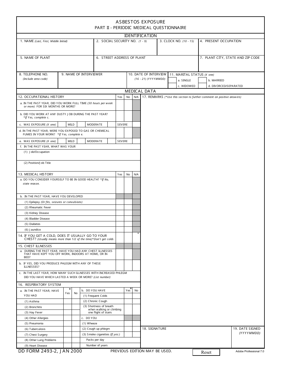 DD Form 2493-2 Asbestos Exposure, Part II - Periodic Medical Questionnaire, Page 1