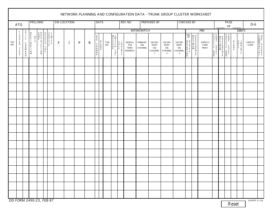 DD Form 2490-23 Network Planning and Configuration Data - Trunk Group Cluster Worksheet, Page 1