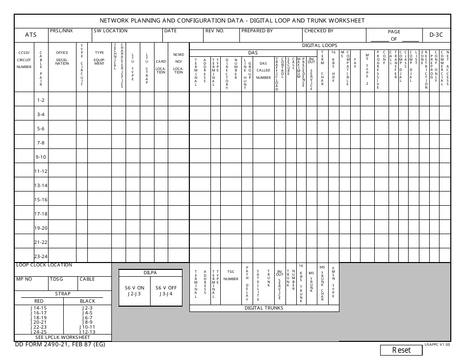DD Form 2490-21 Network Planning and Configuration Data - Digital Loop and Trunk Worksheet, Page 1