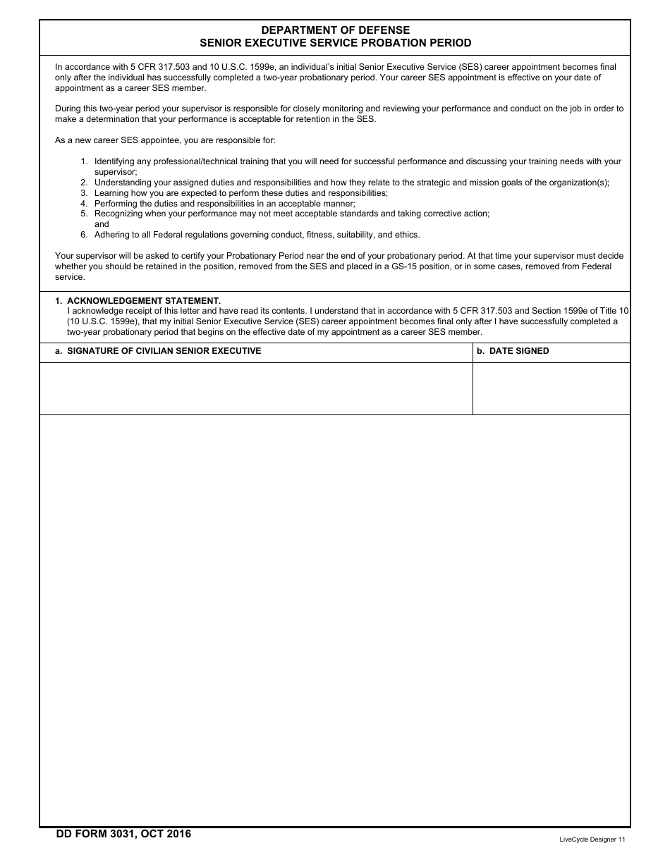 DD Form 3031 Senior Executive Service Probation Period, Page 1