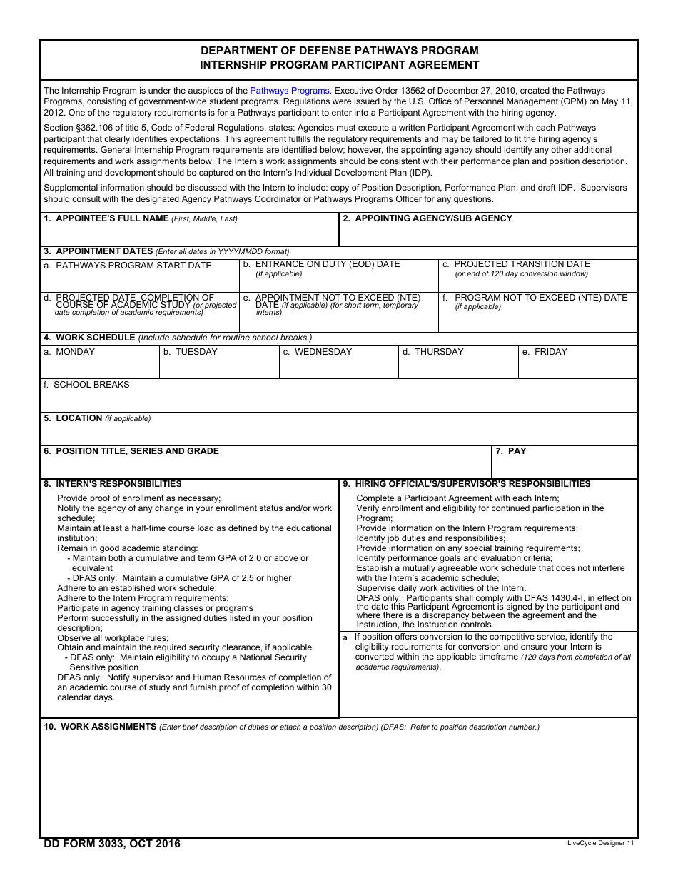 DD Form 3033 Department of Defense Pathways Internship - Program Participant Agreement, Page 1