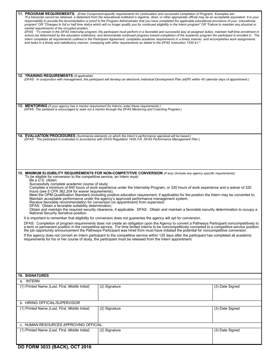 DD Form 3033 Department of Defense Pathways Internship - Program Participant Agreement, Page 2