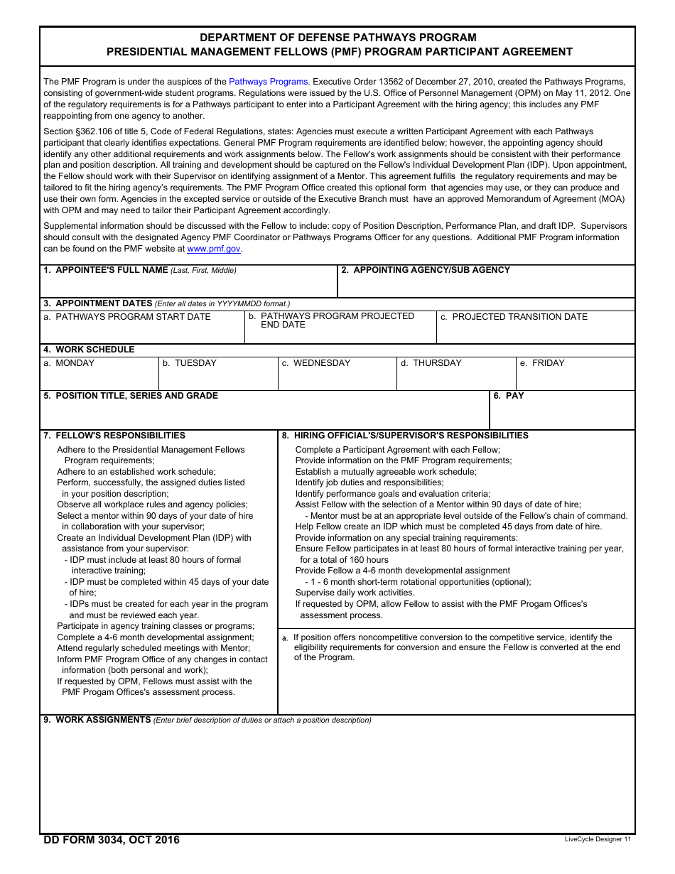 DD Form 3034 Department of Defense Pathways Program Presidential Management Fellows (Pmf) Program Participant Agreement, Page 1