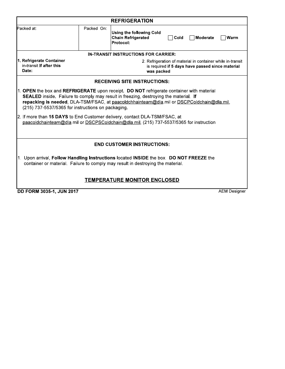 DD Form 3035-1 Cold Chain Management Shipping Label for Refrigerated Items, Page 1